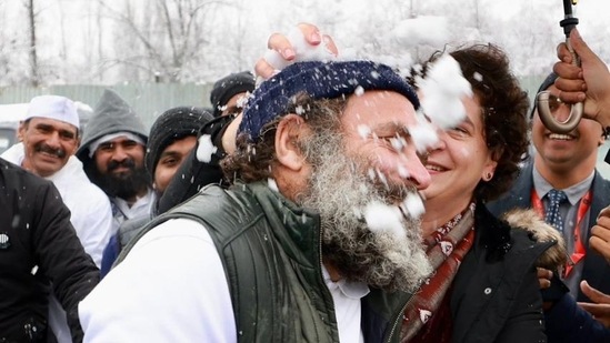 Brother-sister duo Rahul, Priyanka's snowball fight during Yatra's closing event(Twitter/Congress) Brother-sister duo Rahul, Priyanka's snowball fight during Yatra's closing event(Twitter/Congress)
