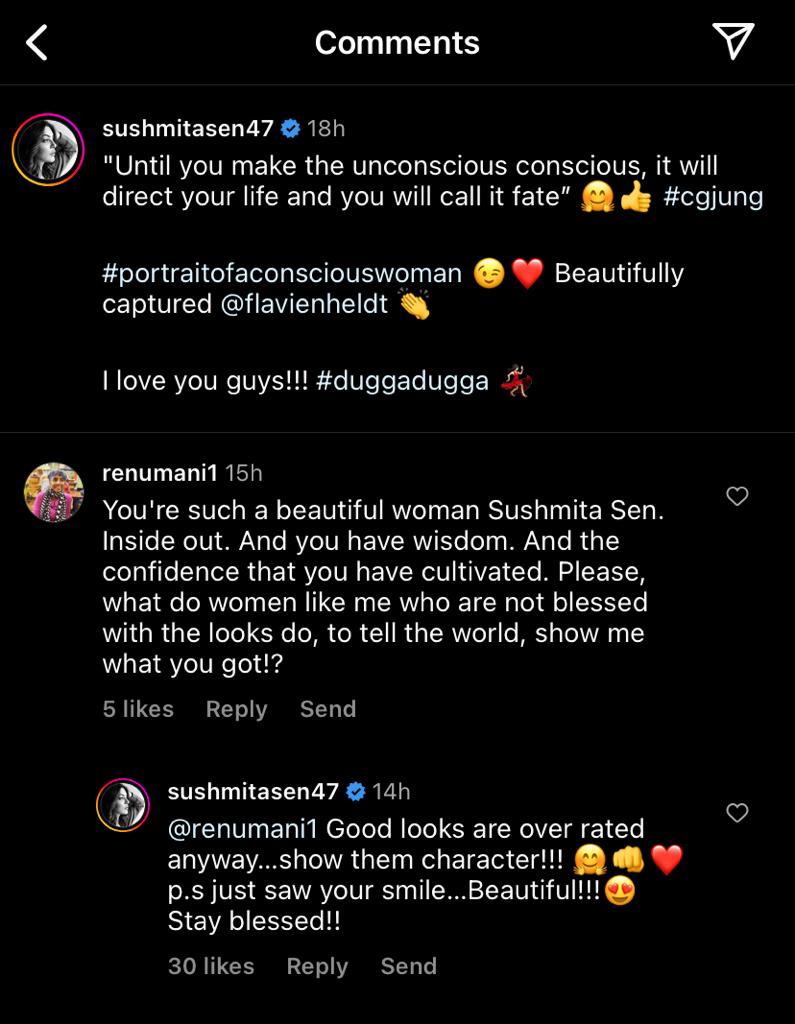 The conversation between Sushmita Sen and an Instagram user.(Instagram/@sushmitasen47)
