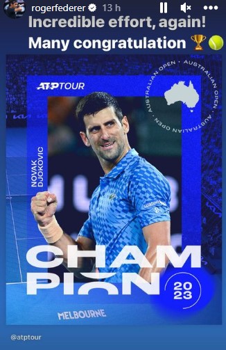 Roger Federer reacts to Novak Djokovic's Australian Open win.