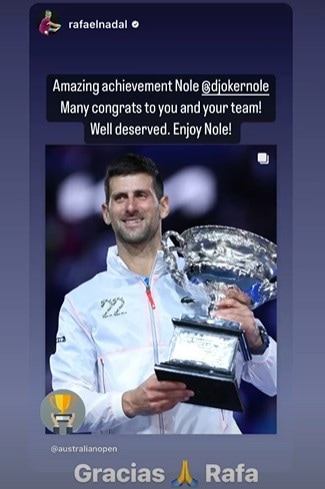 Novak Djokovic reacts to Rafael Nadal's post