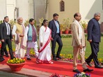President Droupadi Murmu with Vice-President Jagdeep Dhankhar, Prime Minister Narendra Modi, Lok Sabha Speaker Om Birla and Parliamentary affairs minister Pralhad Joshi proceeds to address the Parliament on Tuesday, 