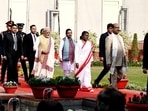 President Droupadi Murmu and Prime Minister Narendra Modi arrive at the Parliament for the Budget session. (Sanjeev Verma/Hindustan Times)
