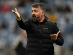 Valencia's head coach Gennaro Gattuso reacts during a semi-final of the Spanish Super Cup between Real Madrid and Valencia in Riyadh, Saudi Arabia, Wednesday, Jan. 11, 2023. (AP Photo/Hussein Malla)(AP) Valencia's head coach Gennaro Gattuso reacts during a semi-final of the Spanish Super Cup between Real Madrid and Valencia in Riyadh, Saudi Arabia, Wednesday, Jan. 11, 2023. (AP Photo/Hussein Malla)(AP)