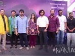Mrunal Thakur and Nani with Chiranjeevi and Nani30 team. Mrunal Thakur and Nani with Chiranjeevi and Nani30 team.