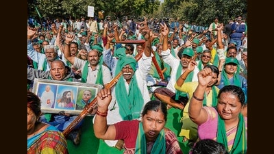 Amaravati farmers protest against the Andhra Pradesh government’s plan for three capital cities, at Jantar Mantar in New Delhi on December 17. (PTI) Amaravati farmers protest against the Andhra Pradesh government’s plan for three capital cities, at Jantar Mantar in New Delhi on December 17. (PTI)