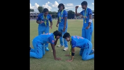 India U-19 women’s team dancing to Kala Chashma after their T20 World Cup win against England. (Instagram/@icc) India U-19 women’s team dancing to Kala Chashma after their T20 World Cup win against England. (Instagram/@icc)
