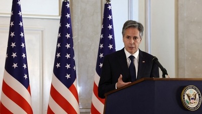 US Secretary of State Antony Blinken speaks during a press conference. (via REUTERS)