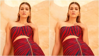 Kriti styled the ensemble with black strappy stilettos, gold statement rings, and half-hoop patterned earrings. In the end, Kriti chose smoky eye shadow, feathered brows, pink lips, mascara on the lashes, and a centre-parted half-tied bun. (Instagram) Kriti styled the ensemble with black strappy stilettos, gold statement rings, and half-hoop patterned earrings. In the end, Kriti chose smoky eye shadow, feathered brows, pink lips, mascara on the lashes, and a centre-parted half-tied bun. (Instagram)
