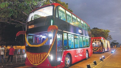 Mumbai, India - August 18, 2022: India's first AC BEST Double Decker Electric Bus unveiled at NCPA, in Mumbai, India, on Thursday, August 18, 2022. (Photo by Bhushan Koyande/HT Photo) (HT PHOTO) Mumbai, India - August 18, 2022: India's first AC BEST Double Decker Electric Bus unveiled at NCPA, in Mumbai, India, on Thursday, August 18, 2022. (Photo by Bhushan Koyande/HT Photo) (HT PHOTO)
