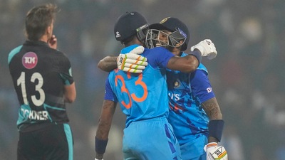 Hardik Pandya and Suryakumar Yadav celebrate the victory over New Zealand (PTI) Hardik Pandya and Suryakumar Yadav celebrate the victory over New Zealand (PTI)