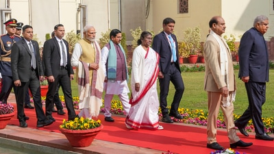 President Droupadi Murmu with Vice-President Jagdeep Dhankhar, Prime Minister Narendra Modi, Lok Sabha Speaker Om Birla and Parliamentary affairs minister Pralhad Joshi proceeds to address the Parliament on Tuesday, (PTI)