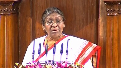 President Murmu Addresses Joint Session In Parliament: President Droupadi Murmu addresses the joint session of Parliament. (PTI) President Murmu Addresses Joint Session In Parliament: President Droupadi Murmu addresses the joint session of Parliament. (PTI)