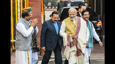 Prime Minister Narendra Modi arrives to address the media. Prime Minister Narendra Modi arrives to address the media.