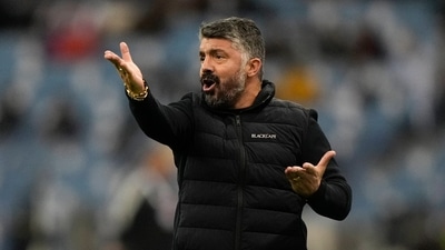 Valencia's head coach Gennaro Gattuso reacts during a semi-final of the Spanish Super Cup between Real Madrid and Valencia in Riyadh, Saudi Arabia, Wednesday, Jan. 11, 2023. (AP Photo/Hussein Malla) (AP)