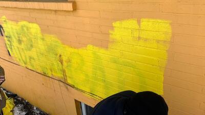 The wall of the Gaur Shankar Mandir in Brampton, Canada which was spray-painted with pro-Khalistan, anti-India graffiti in the early hours of Monday. Volunteers covered the graffiti in the day but it remained partially visible. (Courtesy: Gauri Shankar Mandir) The wall of the Gaur Shankar Mandir in Brampton, Canada which was spray-painted with pro-Khalistan, anti-India graffiti in the early hours of Monday. Volunteers covered the graffiti in the day but it remained partially visible. (Courtesy: Gauri Shankar Mandir)