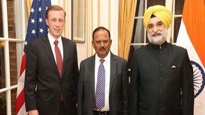 National Security Advisor Ajit Doval (centre), his American counterpart Jake Sullivan (left) attended "special and unique reception" hosted by India's Ambassador to US. (ANI)