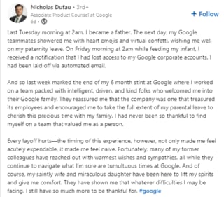 Dufau concluded with a 'thank you' note to his wife and infant daughter. (LinkedIn) Dufau concluded with a 'thank you' note to his wife and infant daughter. (LinkedIn)