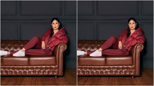 In a maroon sports bra, a pair of maroon tights and a maroon puffer jacket, Kareena posed on a couch and looked every bit ravishing. (Instagram/@kareenakapoorkhan) In a maroon sports bra, a pair of maroon tights and a maroon puffer jacket, Kareena posed on a couch and looked every bit ravishing. (Instagram/@kareenakapoorkhan)