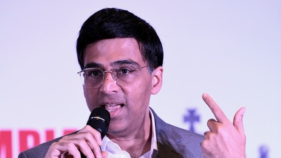 Former world champion Viswanathan Anand addresses a press conference ahead of torch relay for the 44th Chess Olympiad, at Hotel Lalit, in New Delhi on Friday.(Amit Sharma)