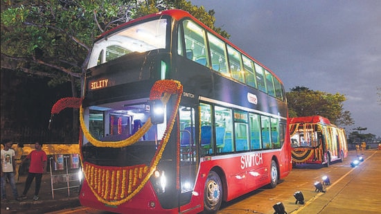 Mumbai, India - August 18, 2022: India's first AC BEST Double Decker Electric Bus unveiled at NCPA, in Mumbai, India, on Thursday, August 18, 2022. (Photo by Bhushan Koyande/HT Photo) (HT PHOTO)