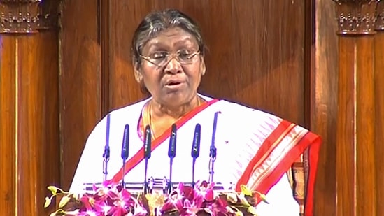 President Droupadi Murmu addresses the joint session of Parliament on the opening day of the Budget Session in New Delhi on Tuesday.(PTI)