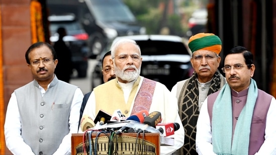PM Modi addressed the media ahead of the Parliament Budget session, He said that India's budget will aim to meet the hopes and aspirations of citizens of the country amid global economic woes. “Our Finance Minister will present one more Budget before the country tomorrow. In today's global circumstances, not only India but the entire world is looking at India's budget,” he added.(Sanjeev Verma/Hindustan Times)