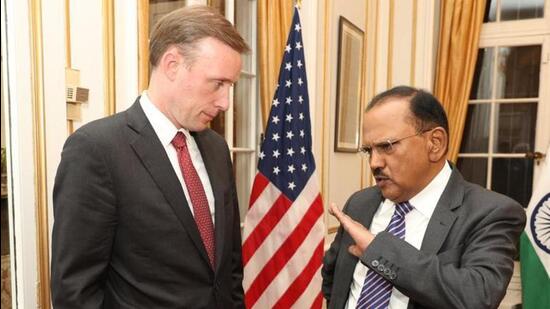 US national security adviser Jake Sullivan (left) with his Indian counterpart Ajit Doval in Washington DC. (HT PHOTO) US national security adviser Jake Sullivan (left) with his Indian counterpart Ajit Doval in Washington DC. (HT PHOTO)