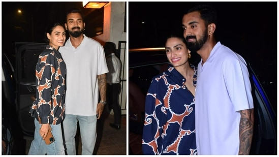 Athiya Shetty and KL Rahul pose for paparazzi outside a restaurant on Monday. (Varinder Chawla)