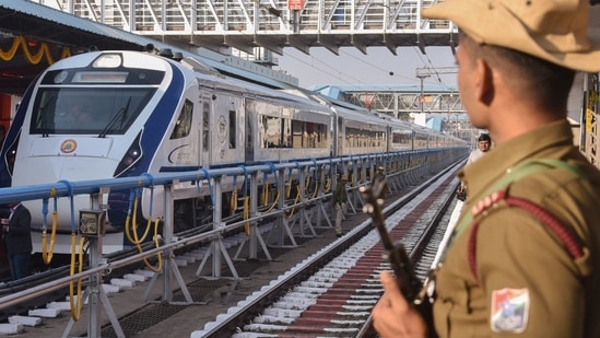 Vande Bharat Express train connecting Secunderabad and Visakhapatnam during its flagging off ceremony on January 15, (PTI)