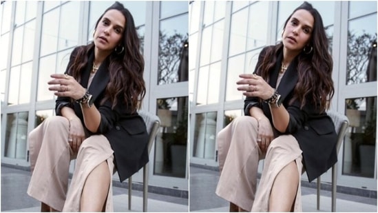 Neha looked gorgeous in the athleisure, layered with a black blazer as she played muse to Nike.&nbsp;(Instagram/@nehadhupia)