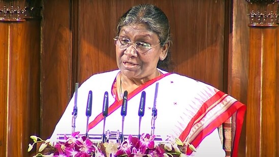 President Droupadi Murmu addresses the joint session of Parliament, in New Delhi on Tuesday.(ANI)