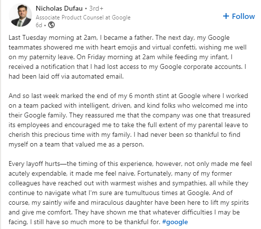 Dufau concluded with a 'thank you' note to his wife and infant daughter.  (LinkedIn)