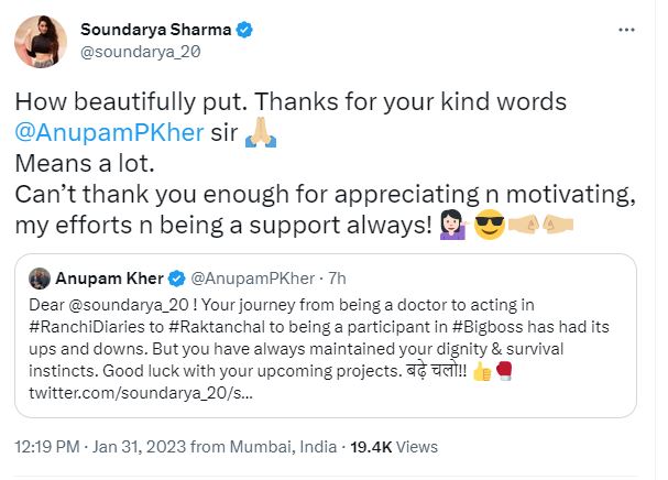 Anupam Kher reacciona a Salman Khan alabando a Soundarya Sharma de Bigg Boss 16: "Tu viaje ha tenido sus altibajos"