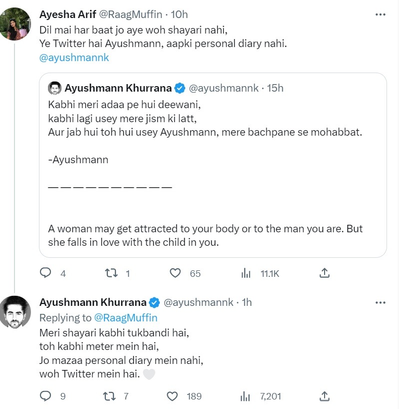 Ayushmann Khurrana replied to a follower's tweet.