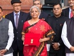 Union Finance Minister Nirmala Sitharaman with Ministers of State Bhagwat Kishanrao Karad and Pankaj Chaudhary and officials poses for photographs outside the Finance Ministry at North Block, in New Delhi, Wednesday, Feb. 1, 2023, ahead of the presentation of the Union Budget 2023-24. 