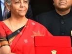 Union Finance Minister Nirmala Sitharaman carrying the tablet leaves from the Ministry of Finance to present and read out the Union Budget 2023 at the Parliament, at North Block, in New Delhi on Wednesday. (ANI Photo)(Rahul Singh)