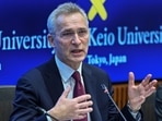 NATO Secretary General Jens Stoltenberg during a visit and presentation at Keio University in Tokyo on February 1, 2023. (AFP)