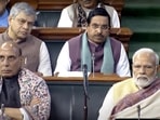Prime Minister Narendra Modi with defence minister Rajnath Singh and Union ministers Ashwini Vaishnaw and Pralhad Joshi in the Lok Sabha on the first day of the Budget Session of Parliament in New Delhi on Tuesday. (ANI/ SansadTV)