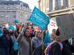 Teachers march during joint strike action by train drivers, teachers, university staff and civil servants, in London, UK, on Wednesday, 
