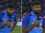 Hardik Pandya couldn't hide his excitement at that rousing reaction from the Ahmedabad crowd(Screengrab) Hardik Pandya couldn't hide his excitement at that rousing reaction from the Ahmedabad crowd(Screengrab)