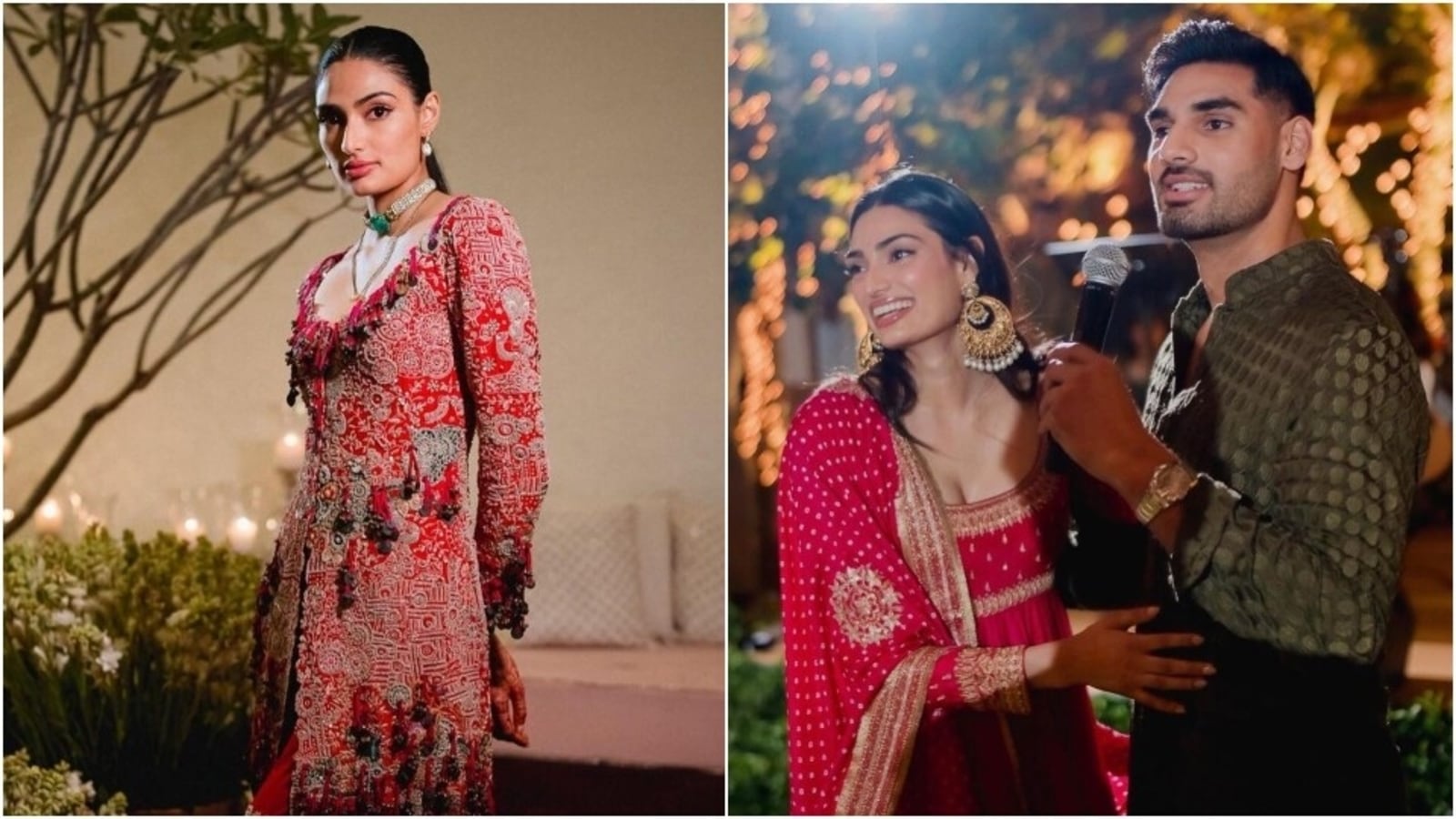 Athiya Shetty's sindoori sharara-jacket set and fuchsia pink anarkali in new pics is a must-have for all new brides. See pics