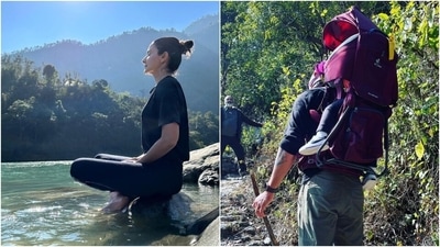 Anushka Sharma meditates by the river, hikes with Virat Kohli and Vamika. (Instagram) Anushka Sharma meditates by the river, hikes with Virat Kohli and Vamika. (Instagram)