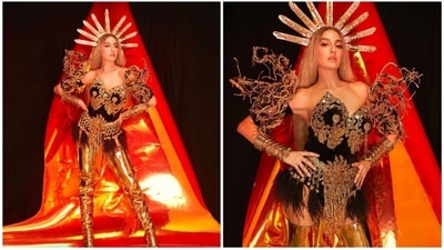 Moroccan beauty Nora Fatehi knows all the fashion spells to leave fans spellbound. From traditional Indian wear to luxury gowns, the actor can pull off any look effortlessly like the true queen she already is. Nora once again dropped jaws with her latest photoshoot pictures in a black and golden costume. (Instagram/@norafatehi) Moroccan beauty Nora Fatehi knows all the fashion spells to leave fans spellbound. From traditional Indian wear to luxury gowns, the actor can pull off any look effortlessly like the true queen she already is. Nora once again dropped jaws with her latest photoshoot pictures in a black and golden costume. (Instagram/@norafatehi)