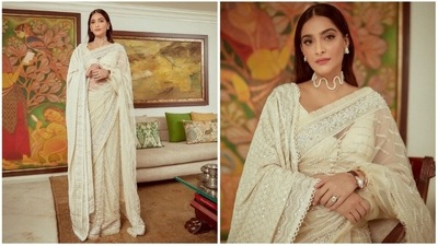 Sonam Kapoor earlier left fans enchanted with her dreamy look in an off-white silk net, edged with an intricate pearl border. (Instagram/@sonamkapoor) Sonam Kapoor earlier left fans enchanted with her dreamy look in an off-white silk net, edged with an intricate pearl border. (Instagram/@sonamkapoor)