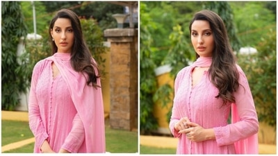 Nora Fatehi earlier treated her Instagram handle of more than 43.9 million followers with stunning photos of herself in a pink salwar suit. This is the same suit she wore in the music video Achha Sila Diya which also features Rajkummar Rao. (Instagram/@norafatehi) Nora Fatehi earlier treated her Instagram handle of more than 43.9 million followers with stunning photos of herself in a pink salwar suit. This is the same suit she wore in the music video Achha Sila Diya which also features Rajkummar Rao. (Instagram/@norafatehi)
