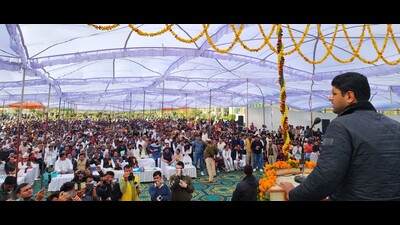 Haryana Deputy CM Dushyant Chautala also attended a programme in Kaithal and announced a grant of  ₹51 lakh from his discretionary quota for setting up a digital library and coaching centre at Jat Educational Institutions in Kaithal (HT Photo)