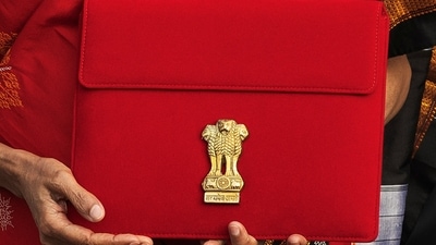 Finance minister Nirmala Sitharaman holds up a folder with the government of India's logo as she leaves her office to present the budget 2023 in Parliament, (REUTERS)