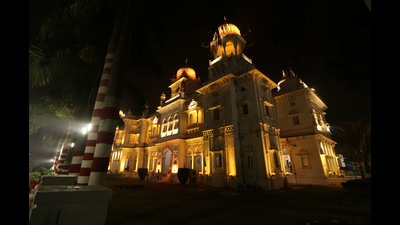 KGMU lit up with facade lights on Wednesday (HT PHoto)