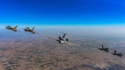 Indigenous AEW&C Netra with four Rafale multi-role fighters fly in 'netra formation' during 2023 Republic Day Celebrations on Thursday, January 26, 2023. (PTI Photo) Indigenous AEW&C Netra with four Rafale multi-role fighters fly in 'netra formation' during 2023 Republic Day Celebrations on Thursday, January 26, 2023. (PTI Photo)