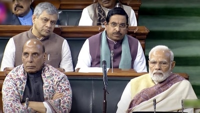 Prime Minister Narendra Modi with defence minister Rajnath Singh and Union ministers Ashwini Vaishnaw and Pralhad Joshi in the Lok Sabha on the first day of the Budget Session of Parliament in New Delhi on Tuesday. (ANI/ SansadTV)